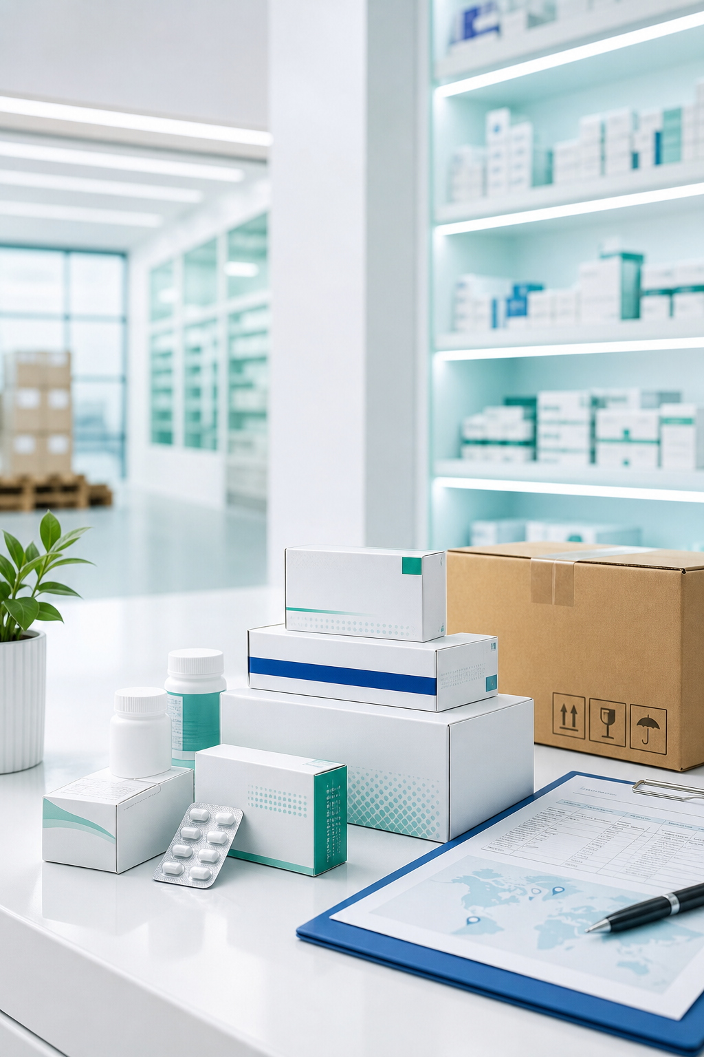 Clean pharmaceutical distribution workspace with medicine cartons and supply documents
